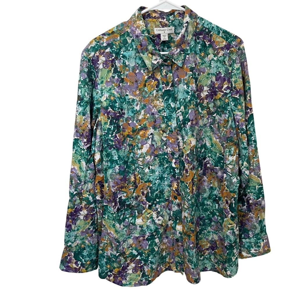 Coldwater Creek Womens 2X Green Purple Abstract Floral Cotton Button Up Shirt